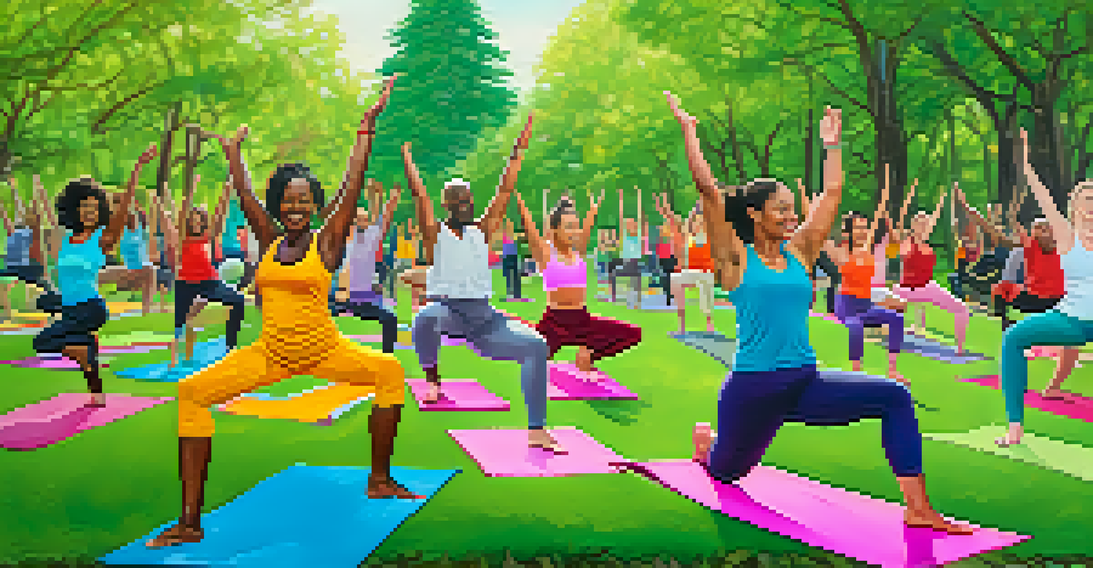 A diverse group of people practicing Mountain Pose in a sunny park, showcasing community and empowerment.