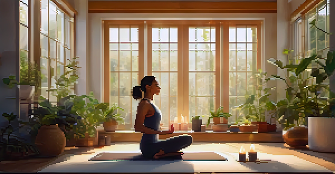 A peaceful indoor yoga space with warm lighting, plants, and a person practicing Child's Pose on a yoga mat.