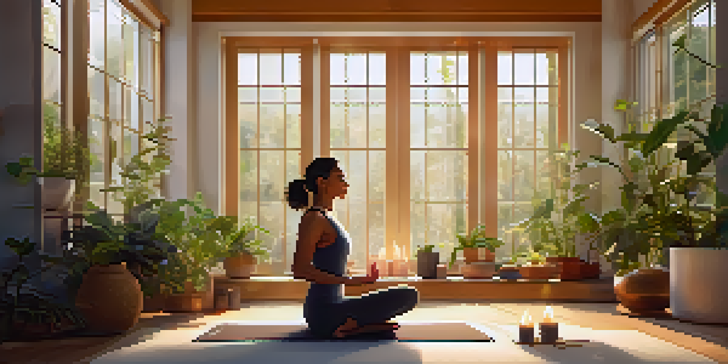 A peaceful indoor yoga space with warm lighting, plants, and a person practicing Child's Pose on a yoga mat.
