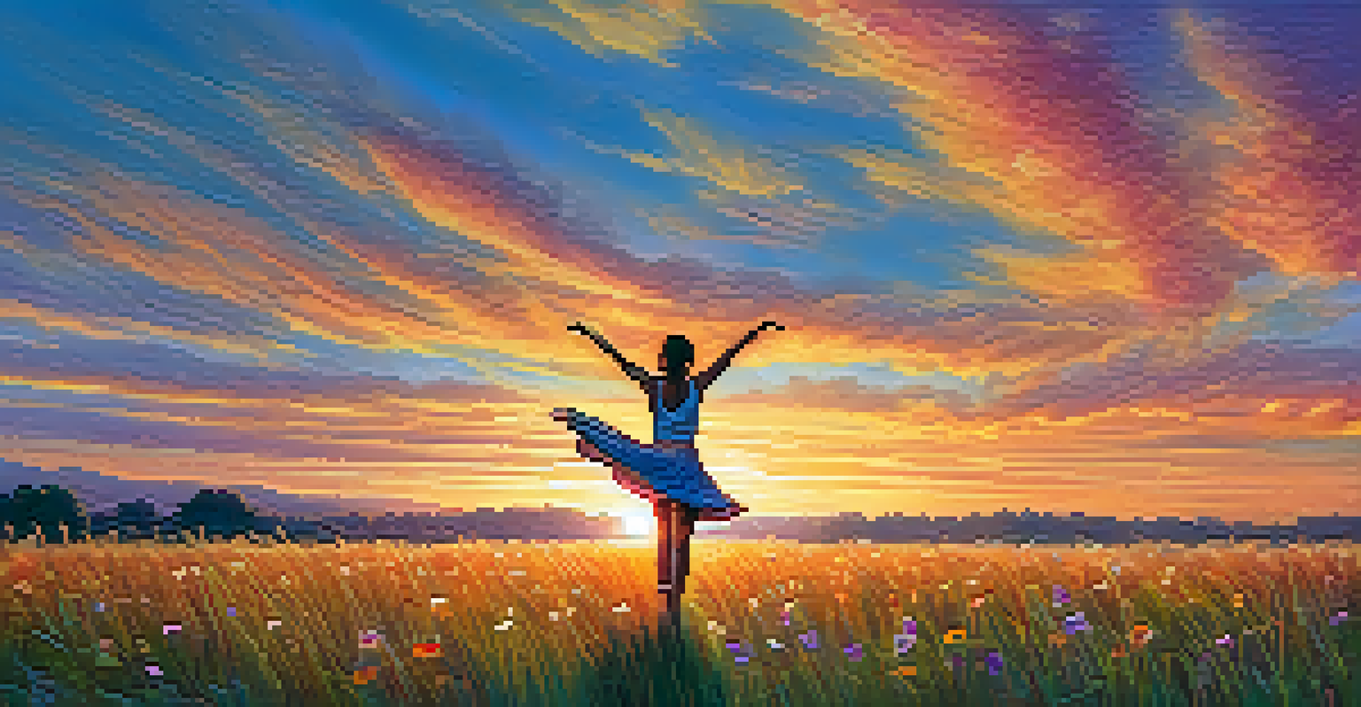 A person practicing Tree Pose in an open field during a colorful sunset, surrounded by grass and flowers.
