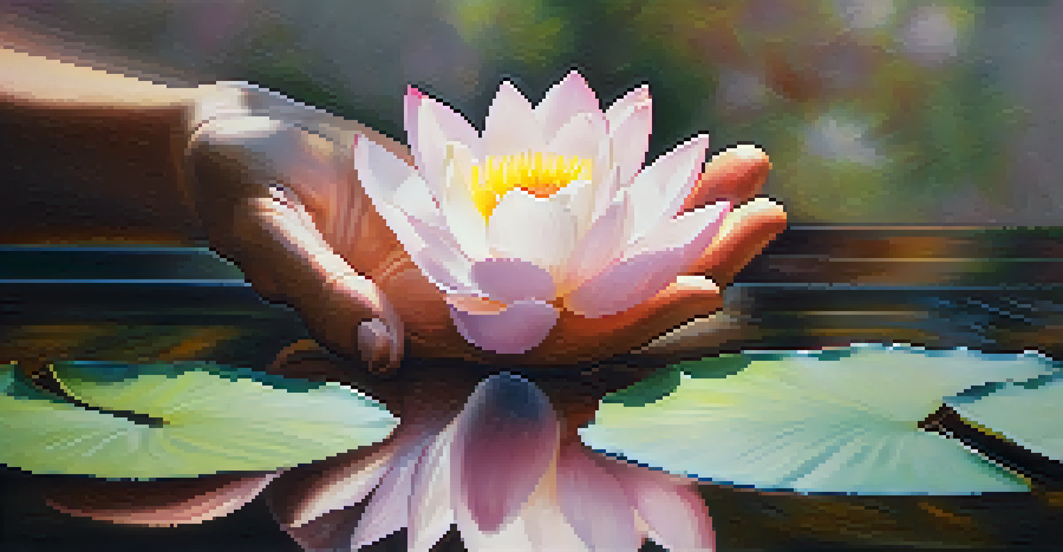 Hands in a meditative gesture with a blooming lotus flower in soft pastel colors in the background, representing mindfulness and creativity.