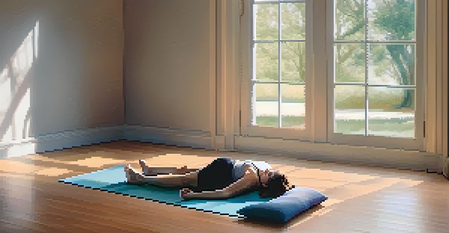 A person relaxing in Savasana with an eye pillow, surrounded by soft lighting and a peaceful ambiance.