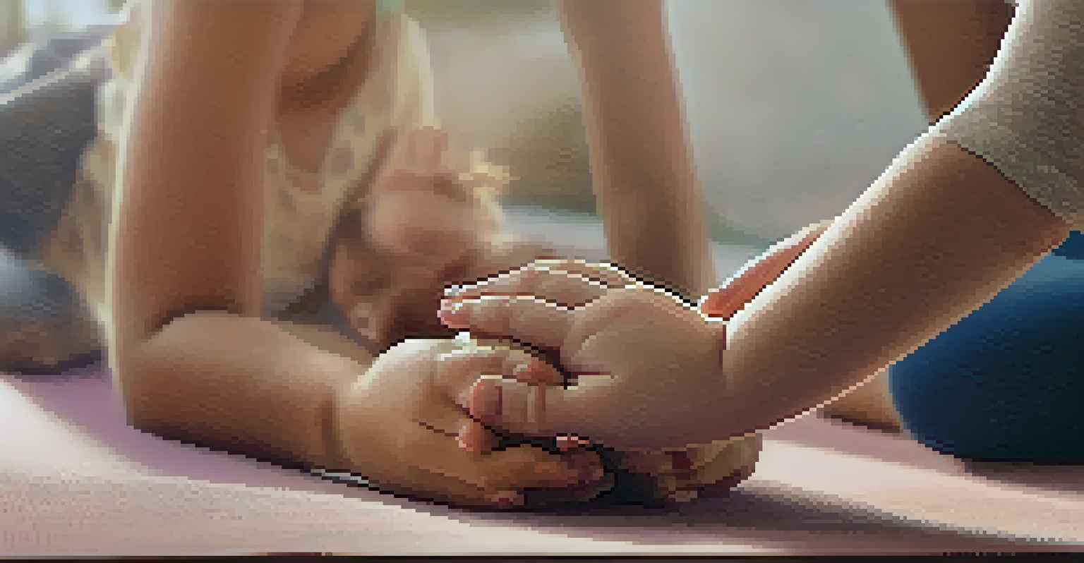 A child's hand resting on a parent's hand during a family yoga breathing exercise.
