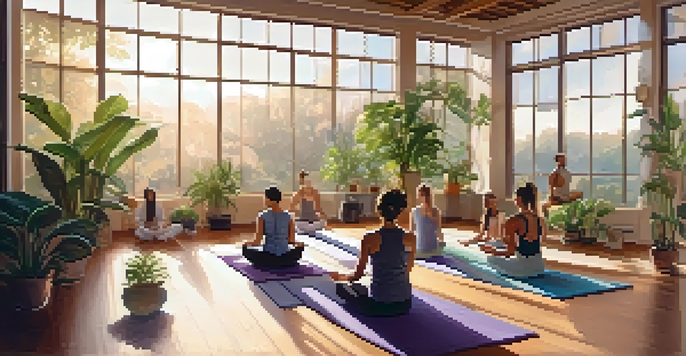 A diverse group of individuals practicing yoga in a serene studio with soft morning light and plants.