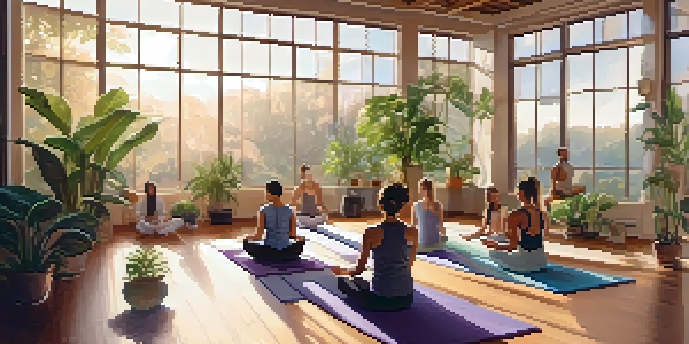 A diverse group of individuals practicing yoga in a serene studio with soft morning light and plants.