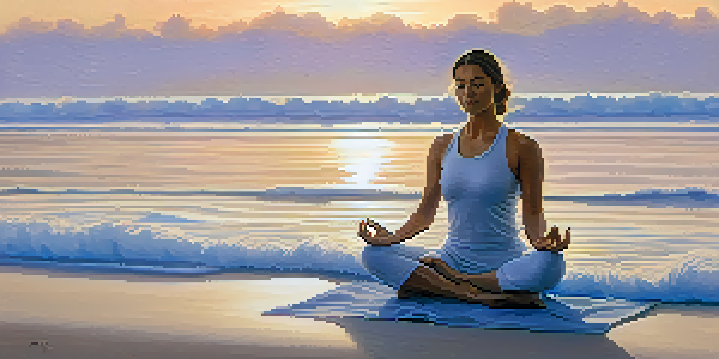 A person practicing yoga in a meditative pose on a quiet beach at sunrise, surrounded by soft waves.