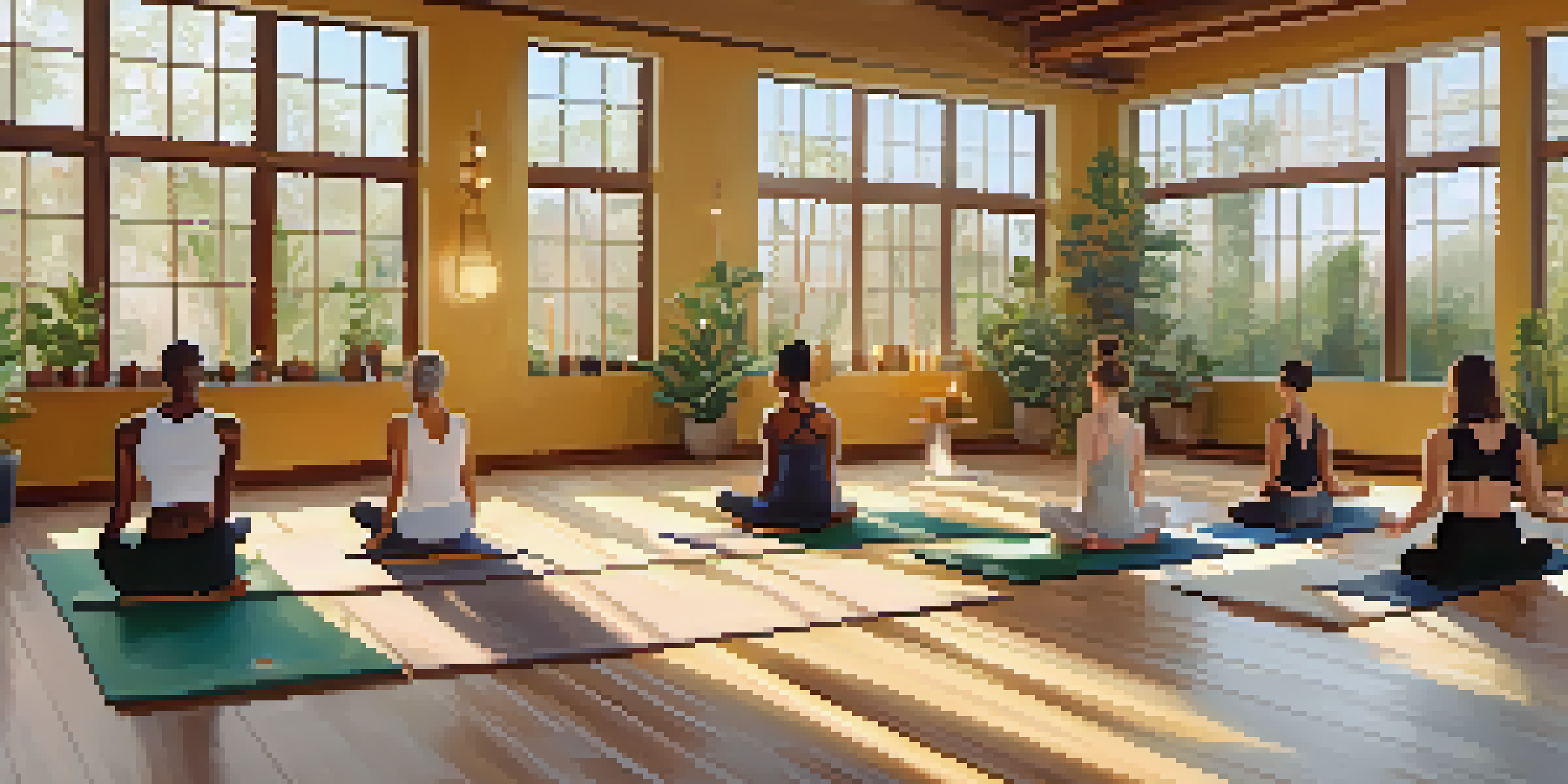 A peaceful yoga studio with diverse individuals practicing yoga, surrounded by natural light and greenery.
