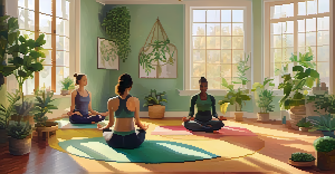 A diverse group practicing yoga in a serene studio filled with plants and soft morning light.