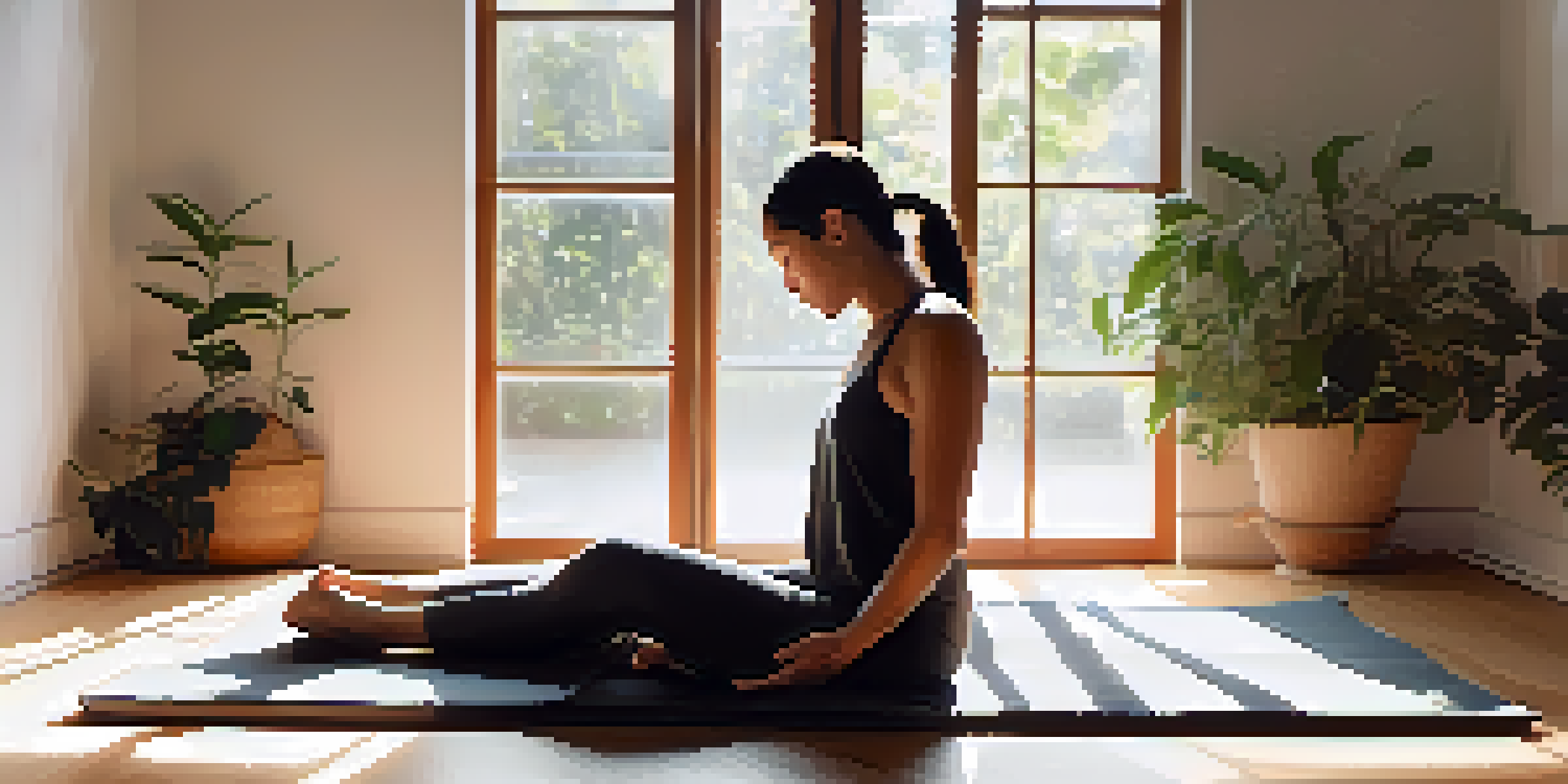 A person practicing Yin Yoga in a softly lit room with plants and warm light, creating a tranquil atmosphere.