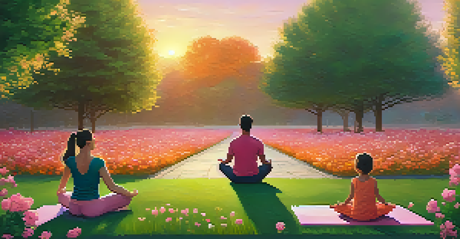 A family practicing yoga in a park at sunset, with vibrant flowers and trees around them.