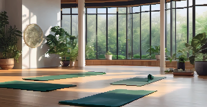 A peaceful yoga studio with natural light, featuring a woman in a meditative pose surrounded by plants.
