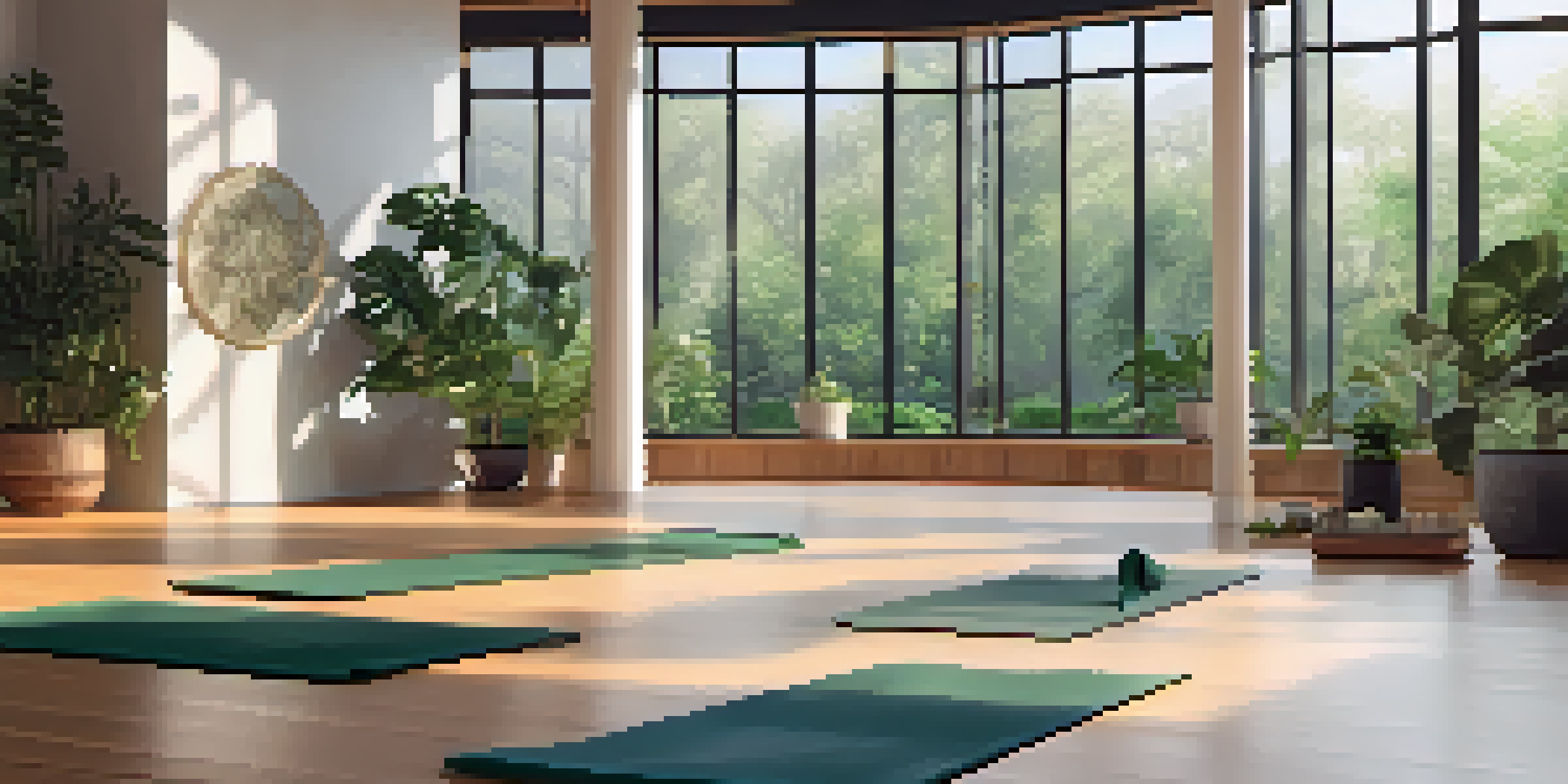 A peaceful yoga studio with natural light, featuring a woman in a meditative pose surrounded by plants.