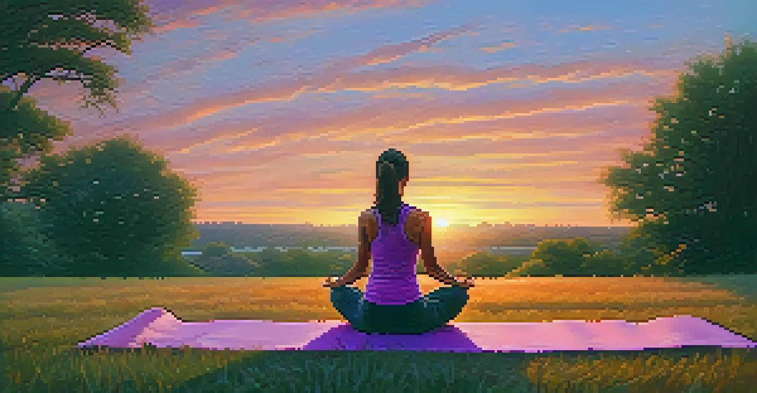 A person in Child's Pose on a grassy field during a beautiful sunset, promoting tranquility.