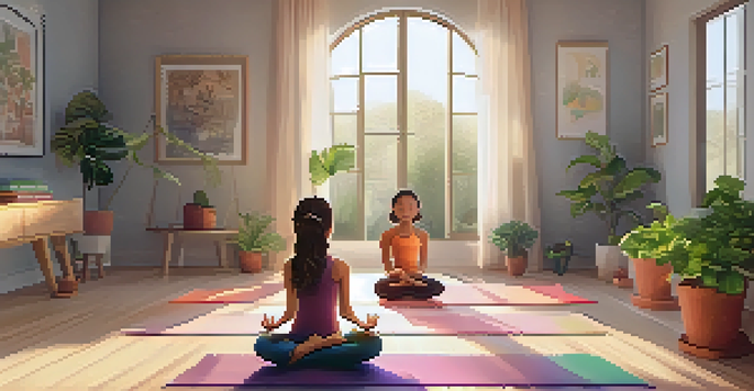 A warm and inviting family yoga space with colorful mats and a family practicing yoga together.