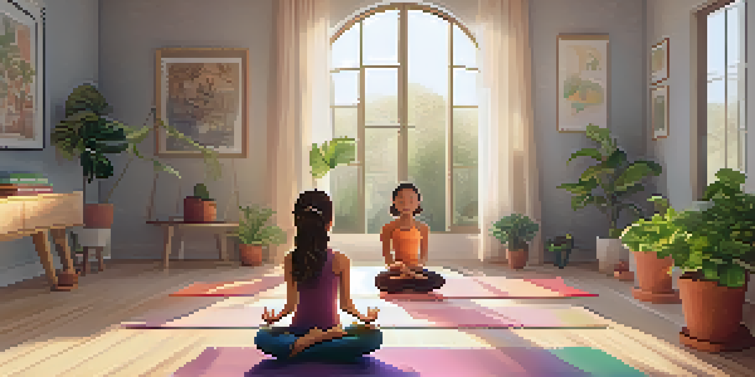 A warm and inviting family yoga space with colorful mats and a family practicing yoga together.