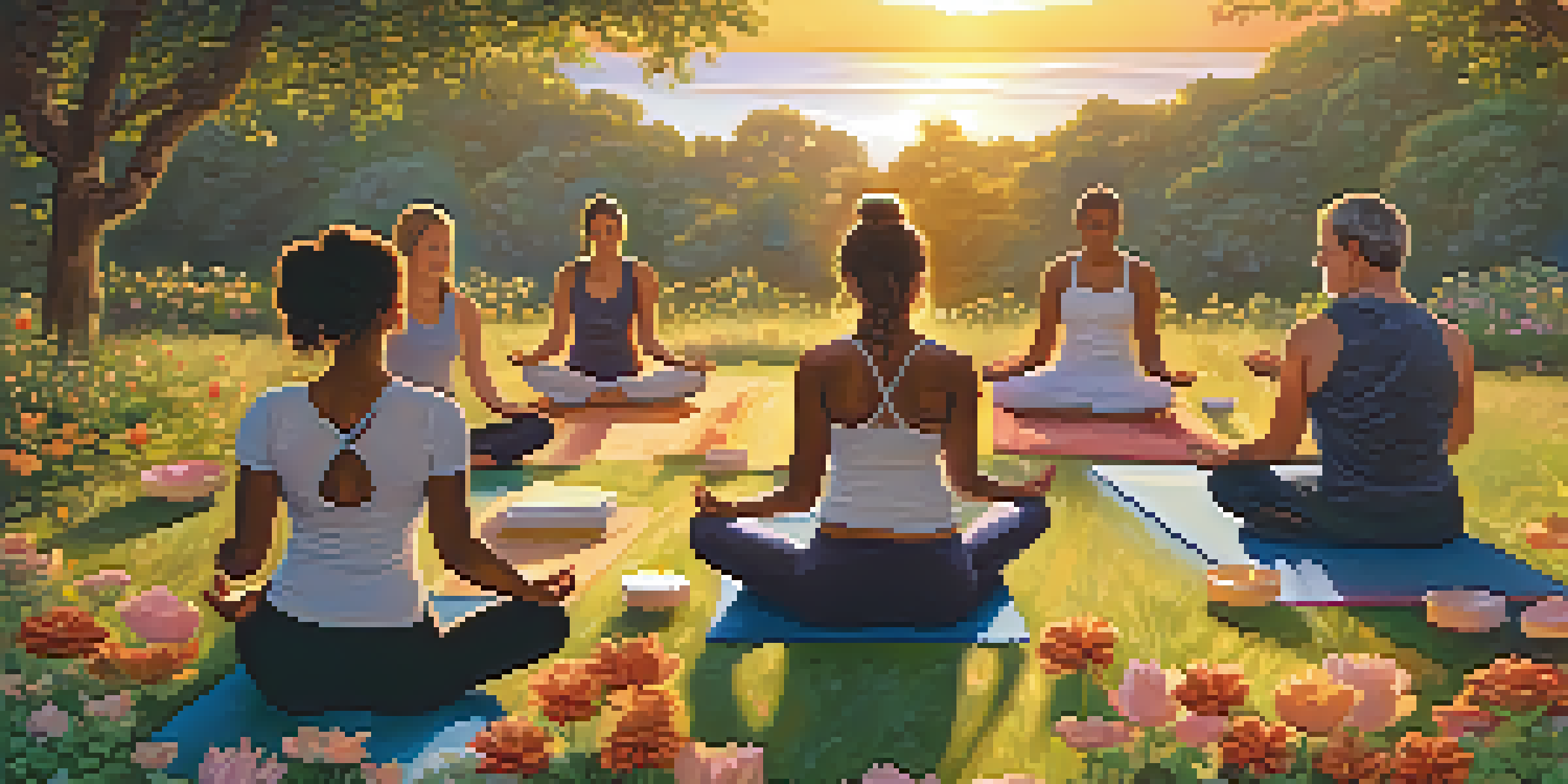 A group of diverse individuals practicing yoga outdoors at sunset, with colorful mats and natural scenery.