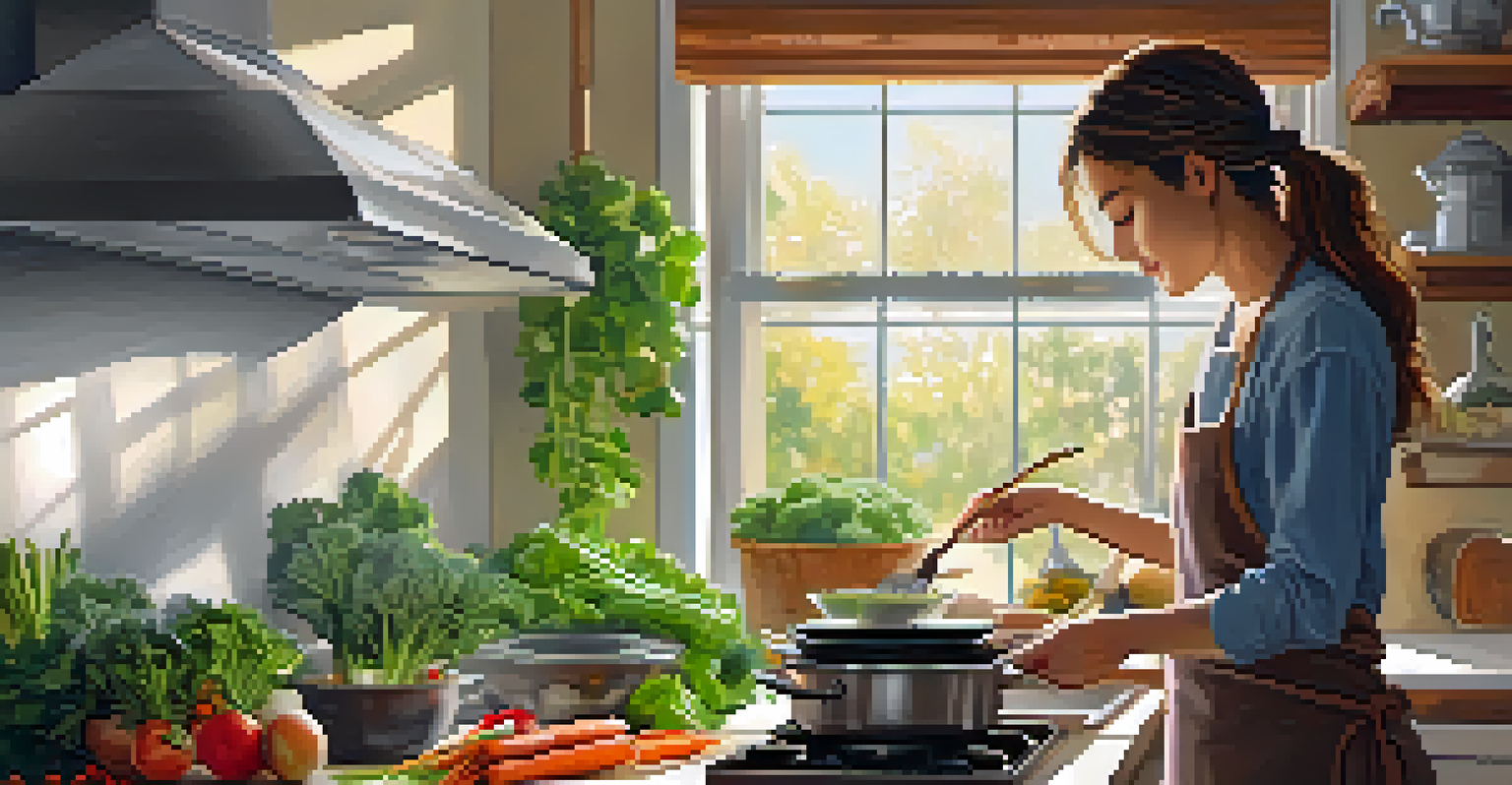 A person calmly preparing a healthy meal in a well-lit kitchen, surrounded by fresh ingredients.
