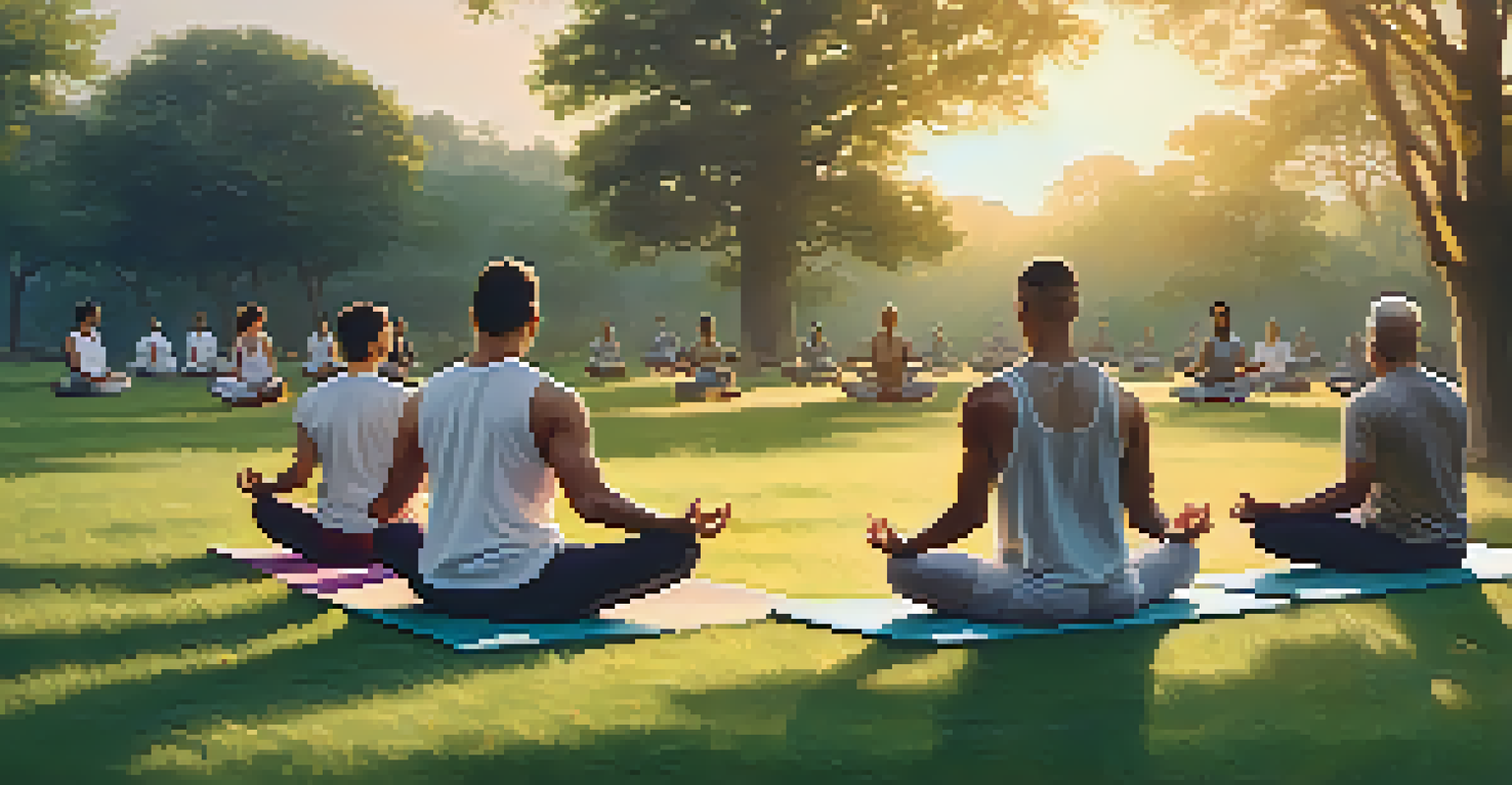 Men practicing yoga outdoors at sunrise in a peaceful park setting.