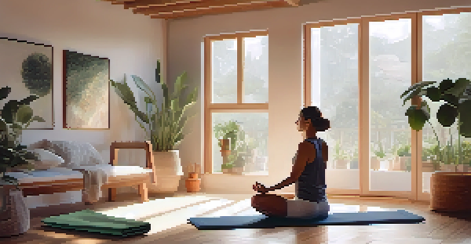 A peaceful yoga space at home, with a person practicing yoga amidst soft lighting and cozy decor.