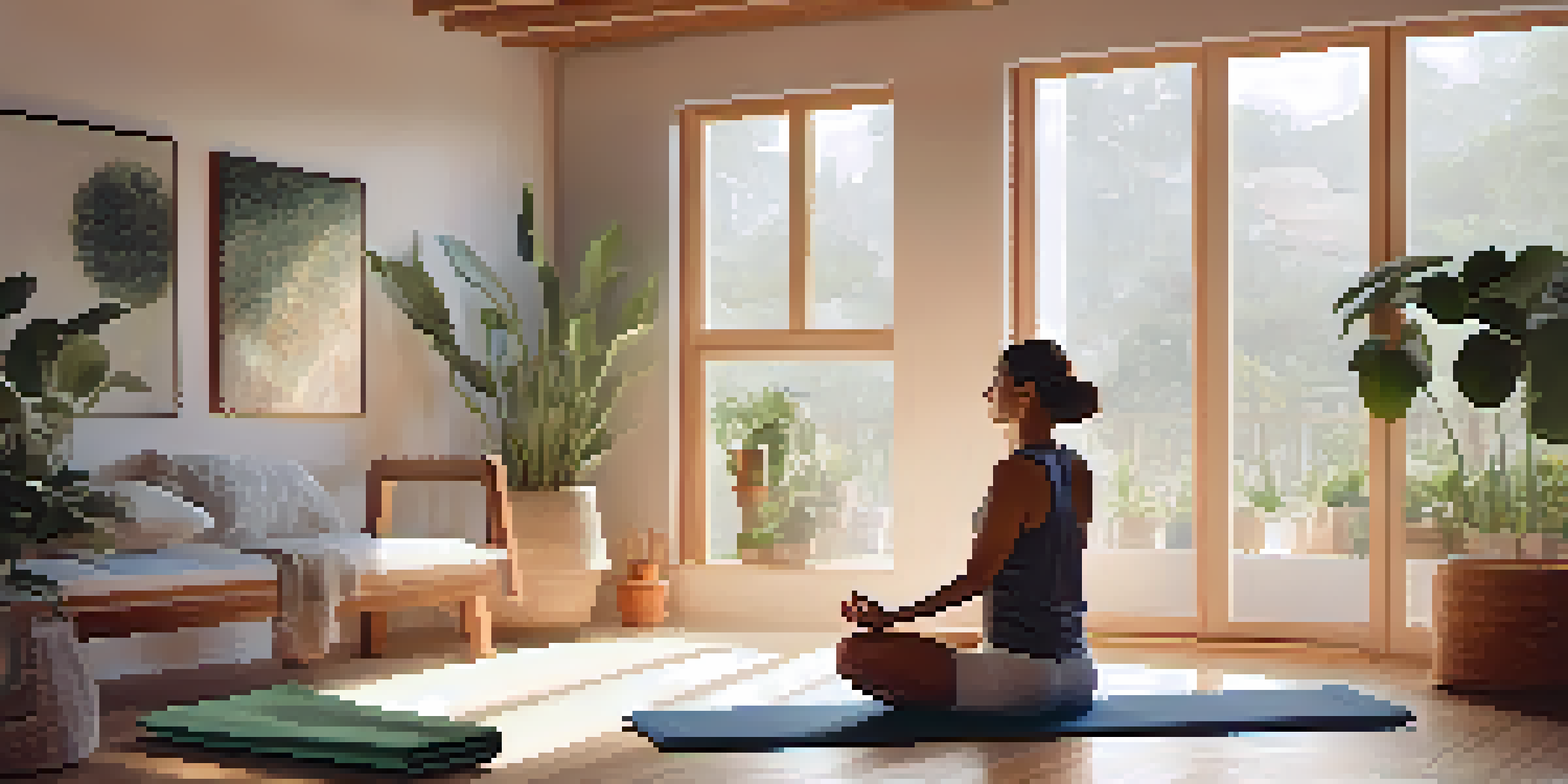 A peaceful yoga space at home, with a person practicing yoga amidst soft lighting and cozy decor.