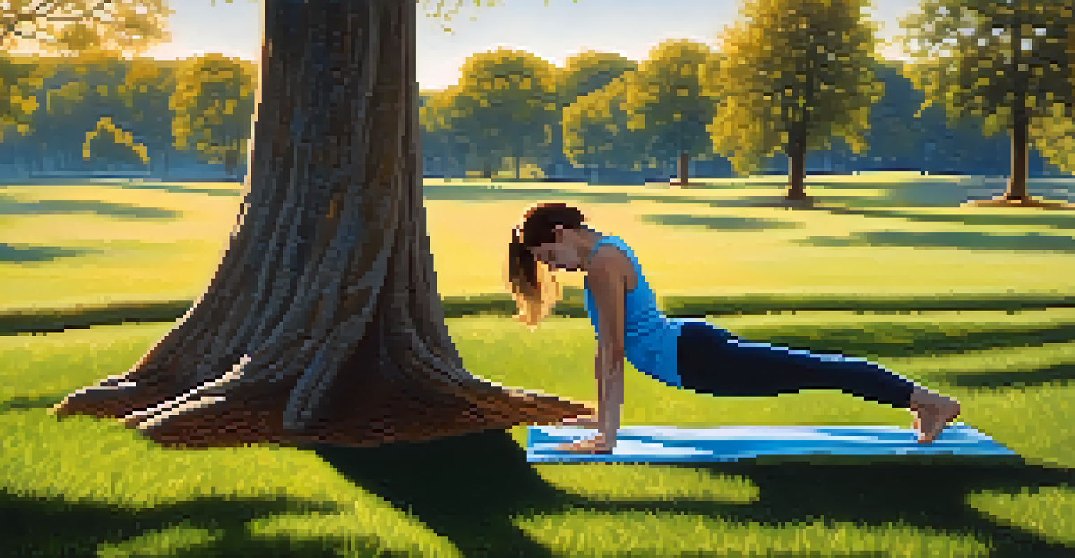 A person doing a Standing Forward Bend in a grassy park, surrounded by trees and a clear blue sky.