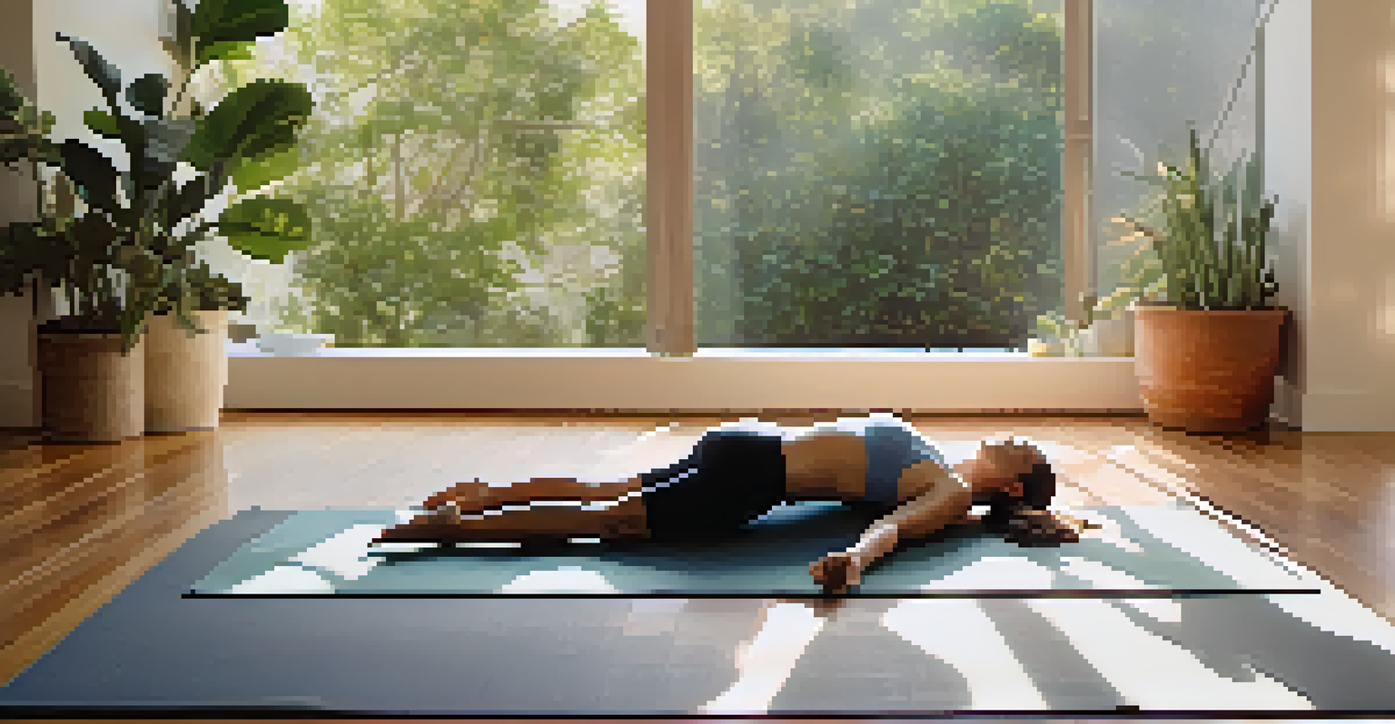 A person in Corpse Pose on a yoga mat, surrounded by a calming atmosphere.