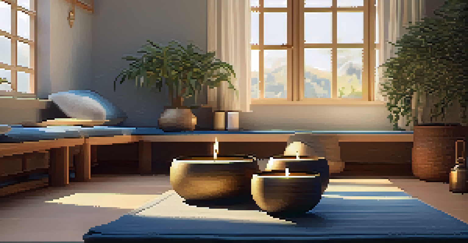 A cozy corner with Tibetan singing bowls and a gong, dimly lit with candles and adorned with cushions and plants, creating a calming atmosphere.