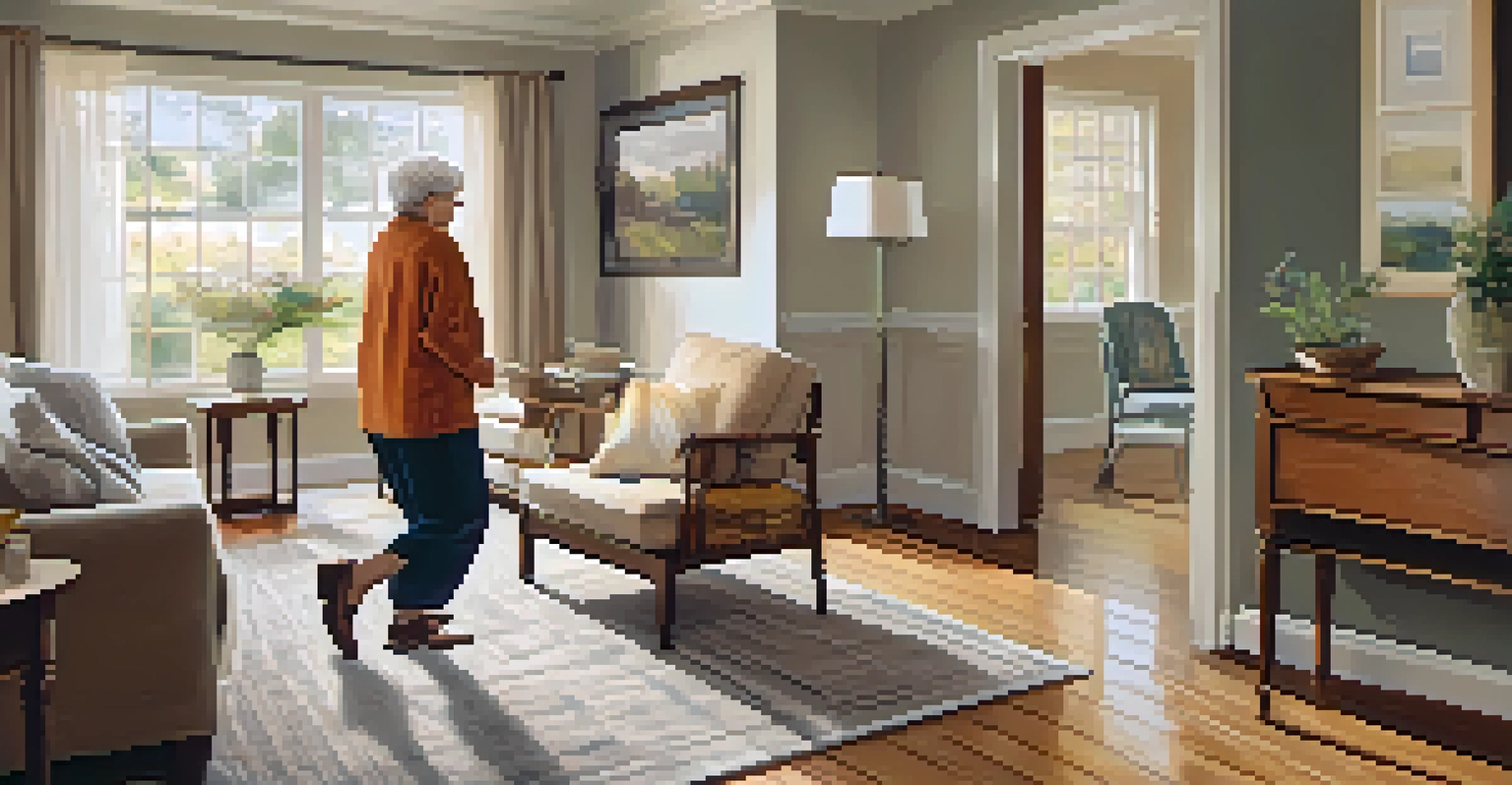 An elderly individual performing the Heel-to-Toe Walk exercise in a cozy living room, with supportive furniture nearby and family photos on the walls.
