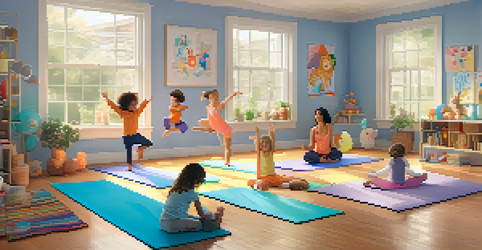 Children mimicking animal poses during a fun family yoga session in a bright room.