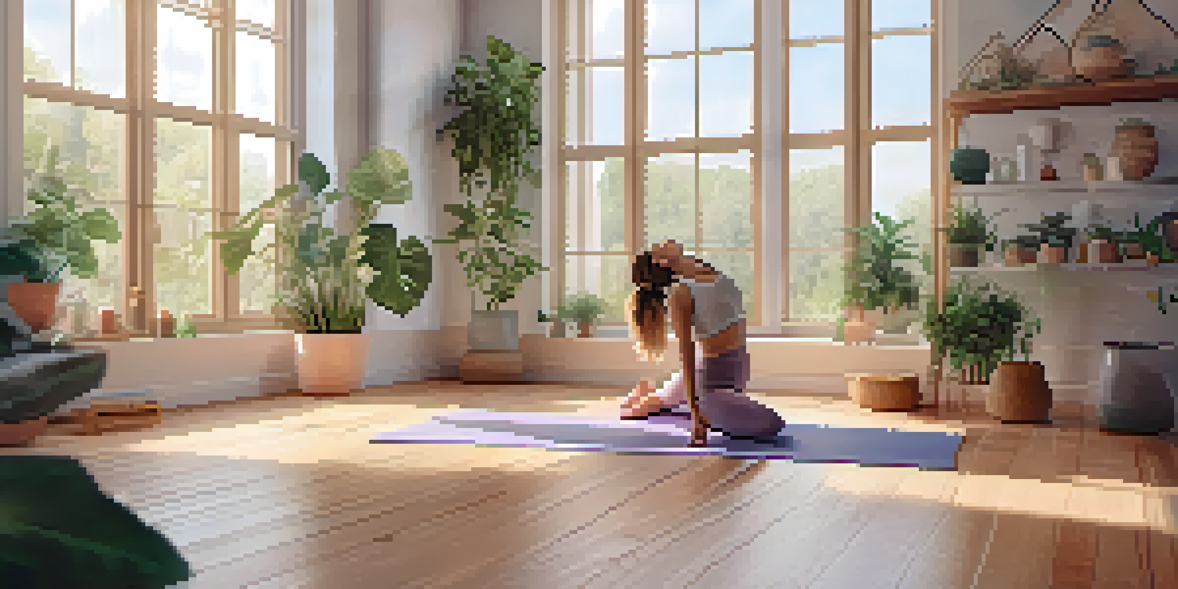 A yoga studio filled with soft natural light, featuring a person practicing Child's Pose on a mat surrounded by plants.