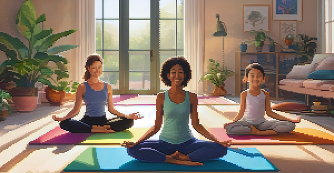 A diverse family of four practicing yoga together in a bright living room, surrounded by houseplants and colorful mats, exuding happiness and teamwork.