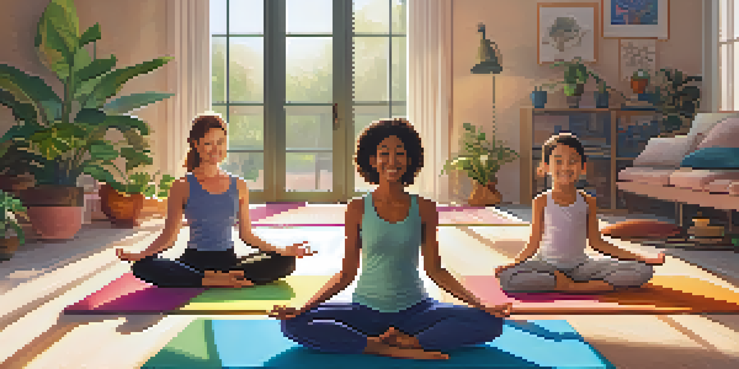A diverse family of four practicing yoga together in a bright living room, surrounded by houseplants and colorful mats, exuding happiness and teamwork.