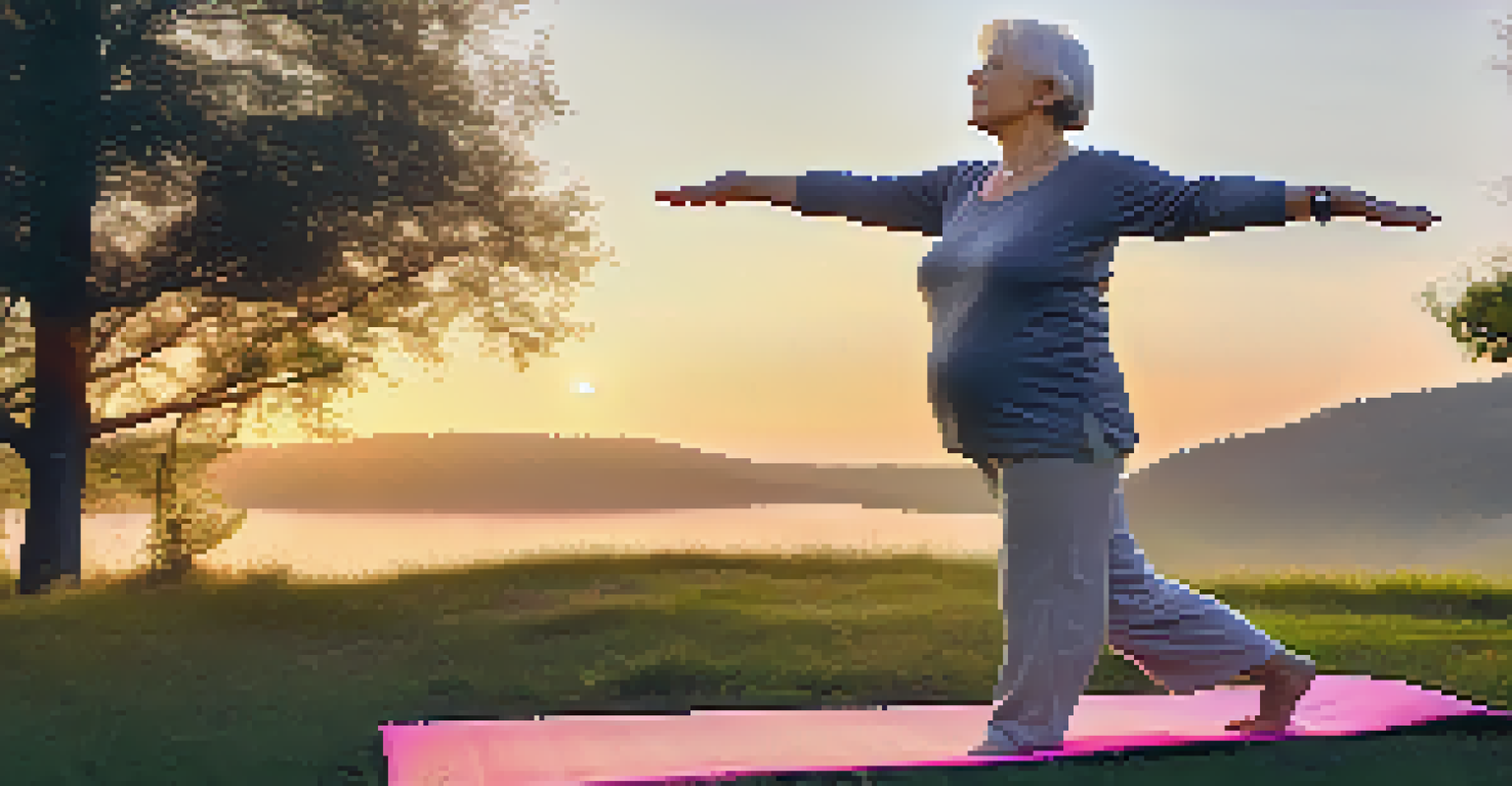 An elderly woman practicing the Mountain Pose outdoors during sunset, surrounded by trees and grass.