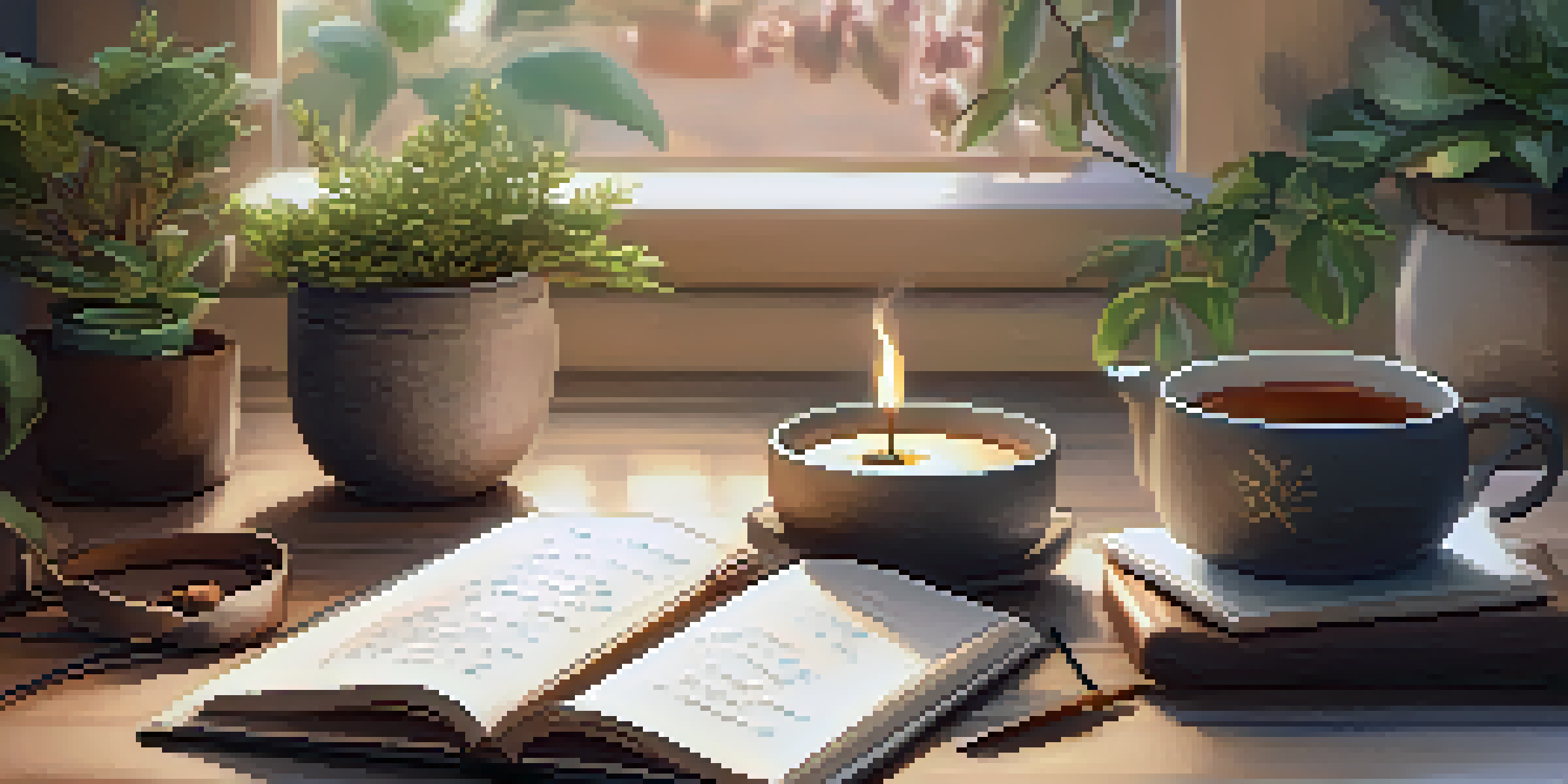 A peaceful yoga journaling space with a blanket, tea, and an open journal surrounded by warm lighting and plants.