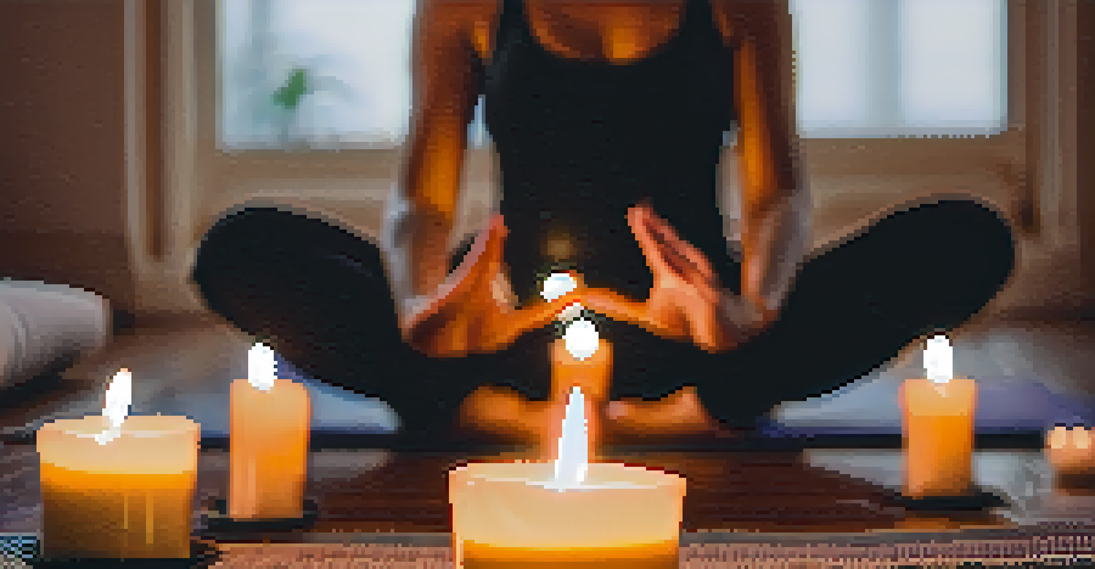 A close-up of hands in a mudra position with candles and a yoga mat blurred in the background.