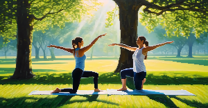 Two individuals practicing partner yoga in a green park, one balancing on one leg and the other providing support, with sunlight filtering through trees.
