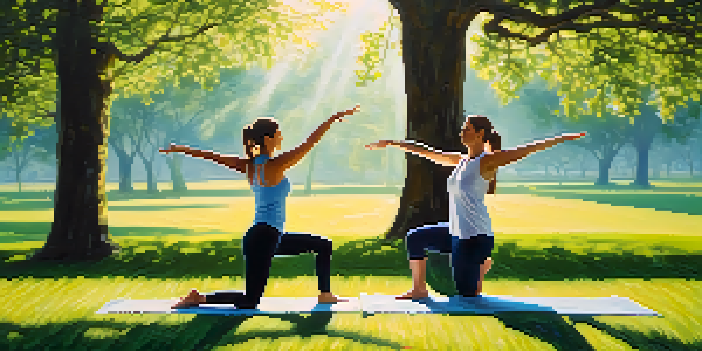 Two individuals practicing partner yoga in a green park, one balancing on one leg and the other providing support, with sunlight filtering through trees.