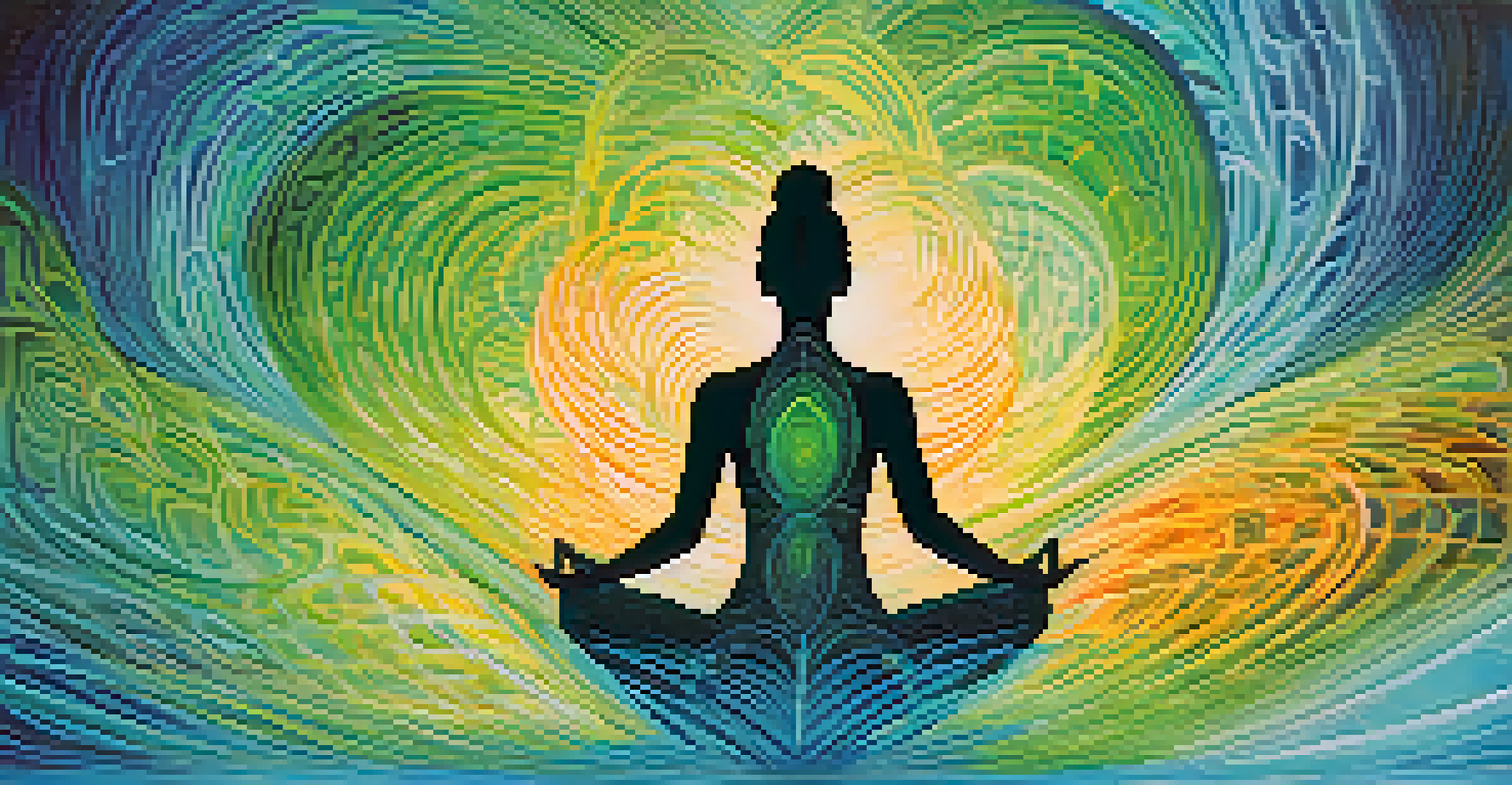 An artistic depiction of a person practicing breathwork with colorful energy swirling around them in a tranquil blue and green background.