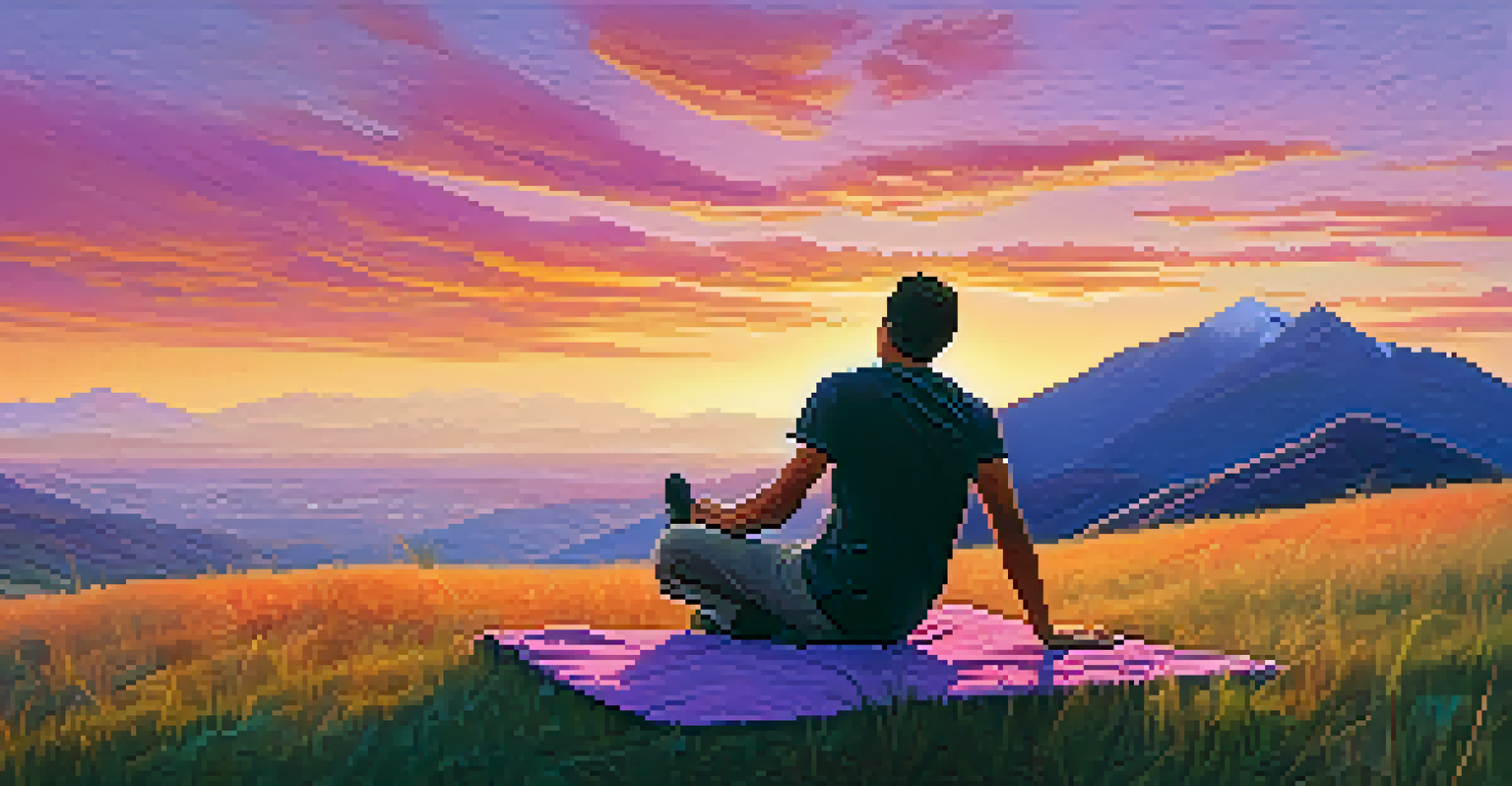 A man practicing Pigeon Pose on a grassy hill at sunset, with a colorful sky and distant mountains, evoking a sense of calm and connection with nature.