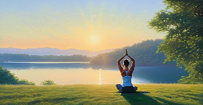 A person practicing breathing exercises in a yoga pose on a hillside at sunrise, with a calm lake in the background and lush greenery.