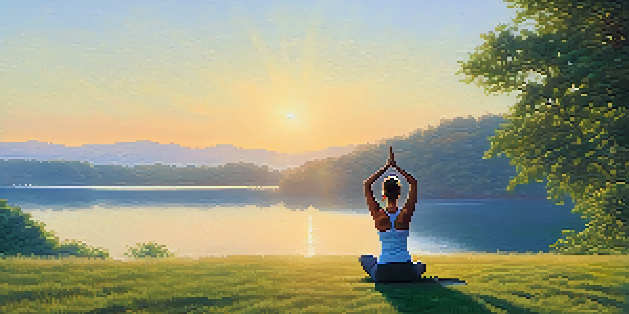 A person practicing breathing exercises in a yoga pose on a hillside at sunrise, with a calm lake in the background and lush greenery.