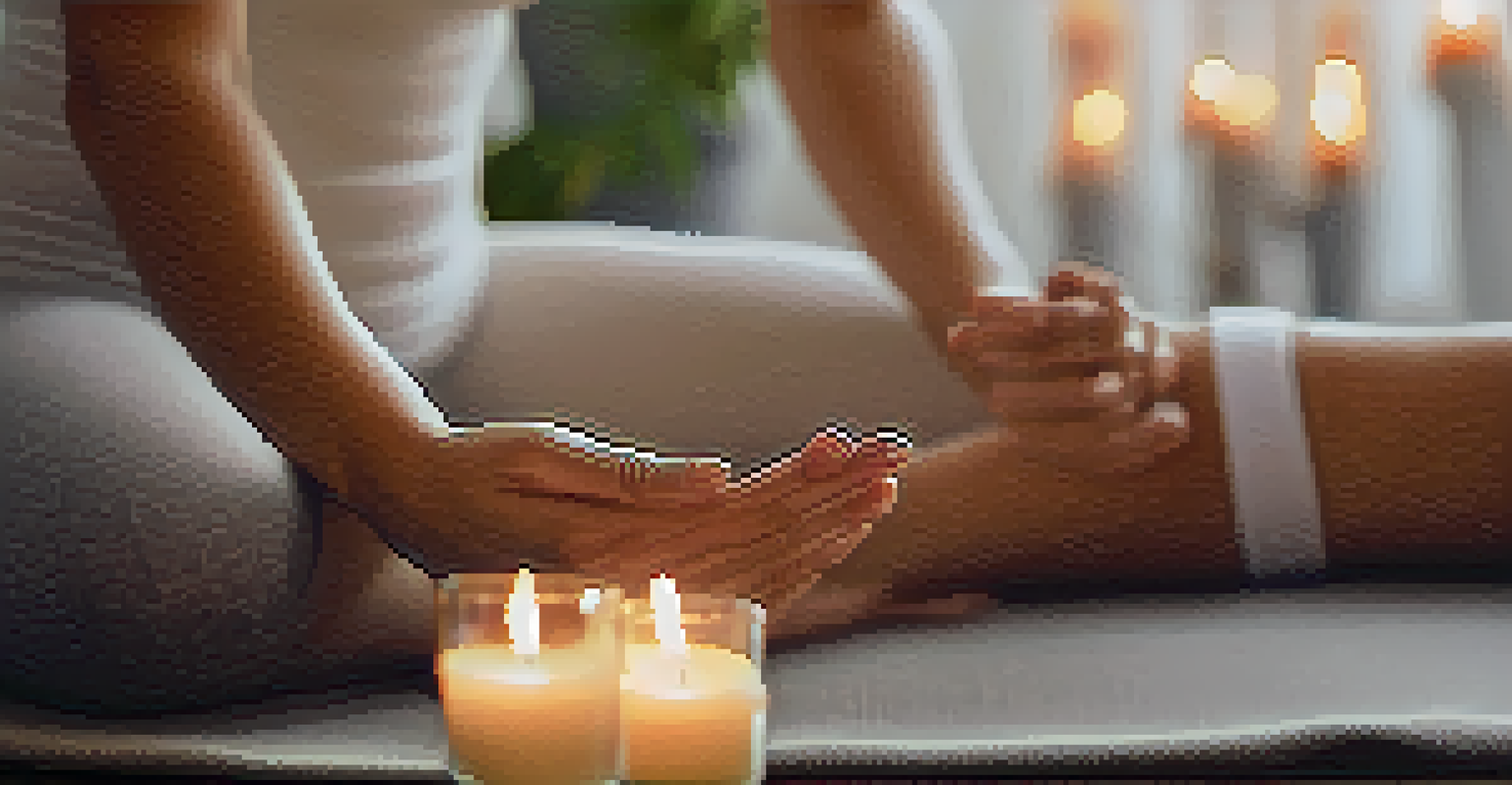 Close-up of hands resting on the abdomen, practicing diaphragmatic breathing in a peaceful chair yoga setting.
