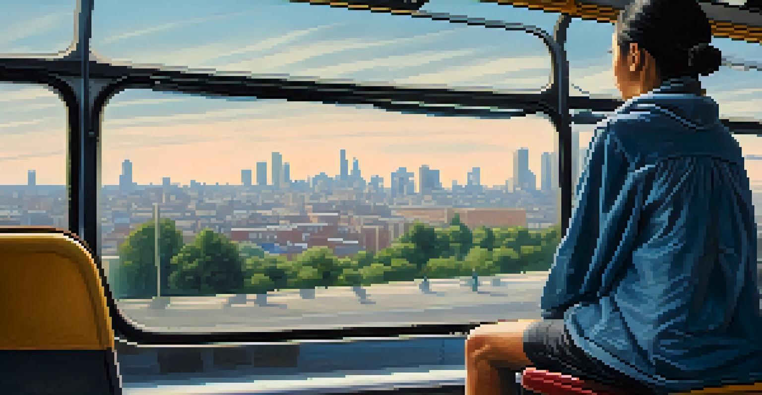 Close-up of a person's hands on their knees practicing mindful breathing on a bus, with a blurred cityscape in the background.