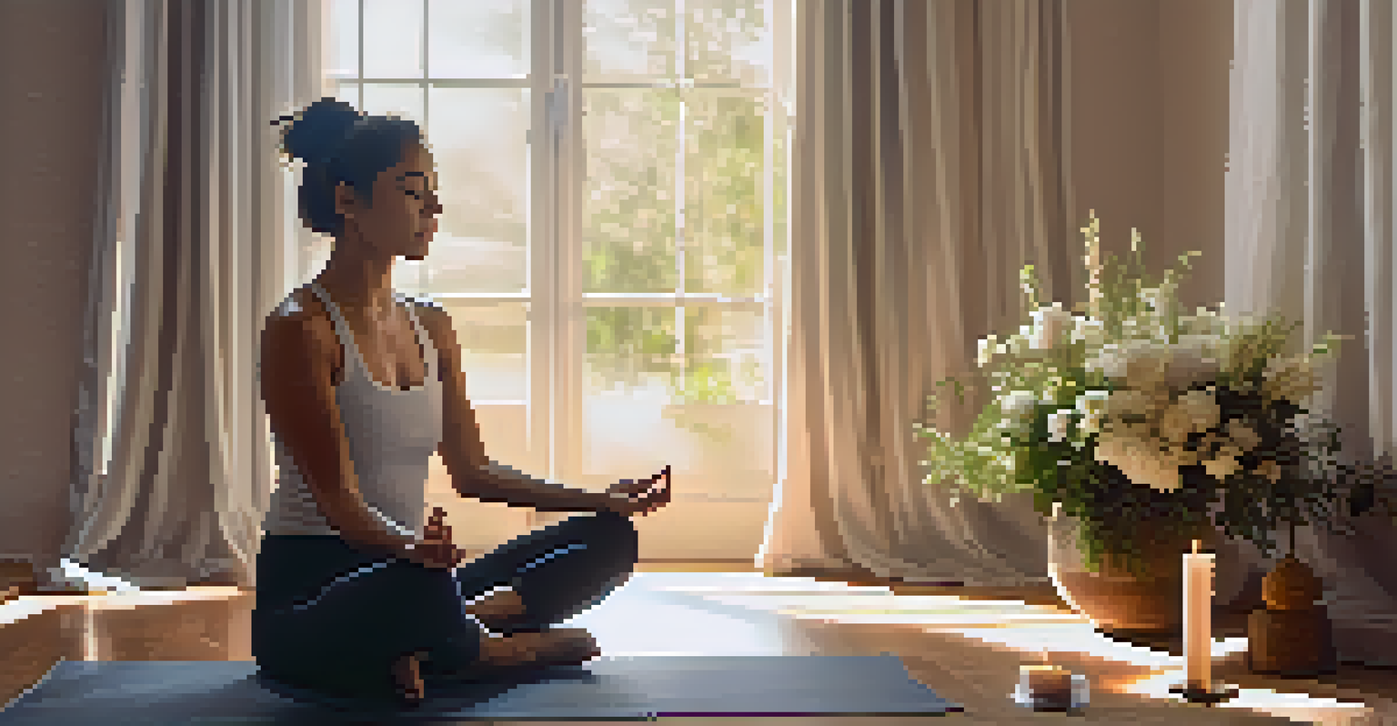 A person meditating on a yoga mat, eyes closed, in a softly lit room with candles and flowers in the background.
