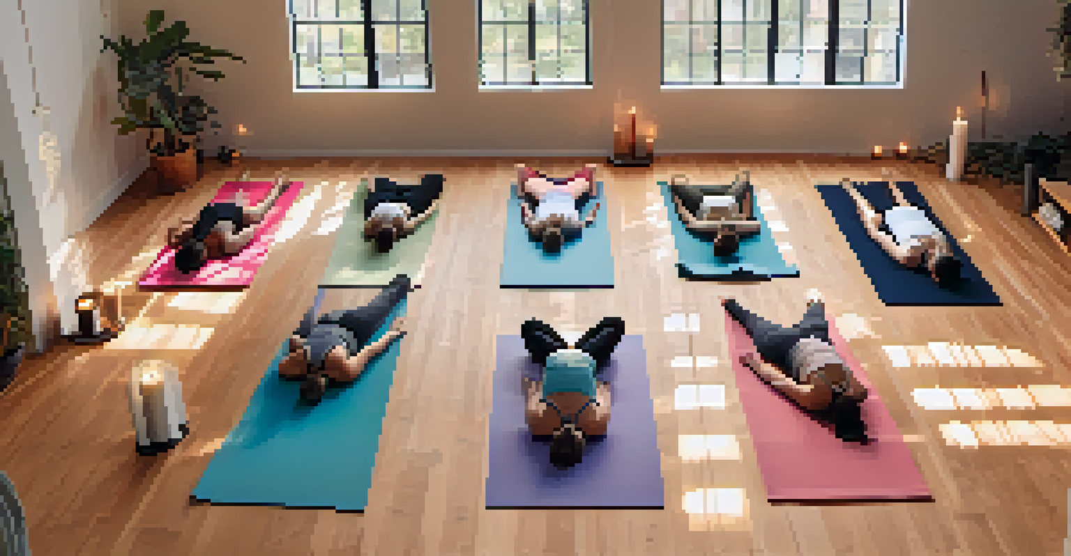 An overhead view of a yoga studio with practitioners in Yin Yoga poses surrounded by calming decor and sunlight.
