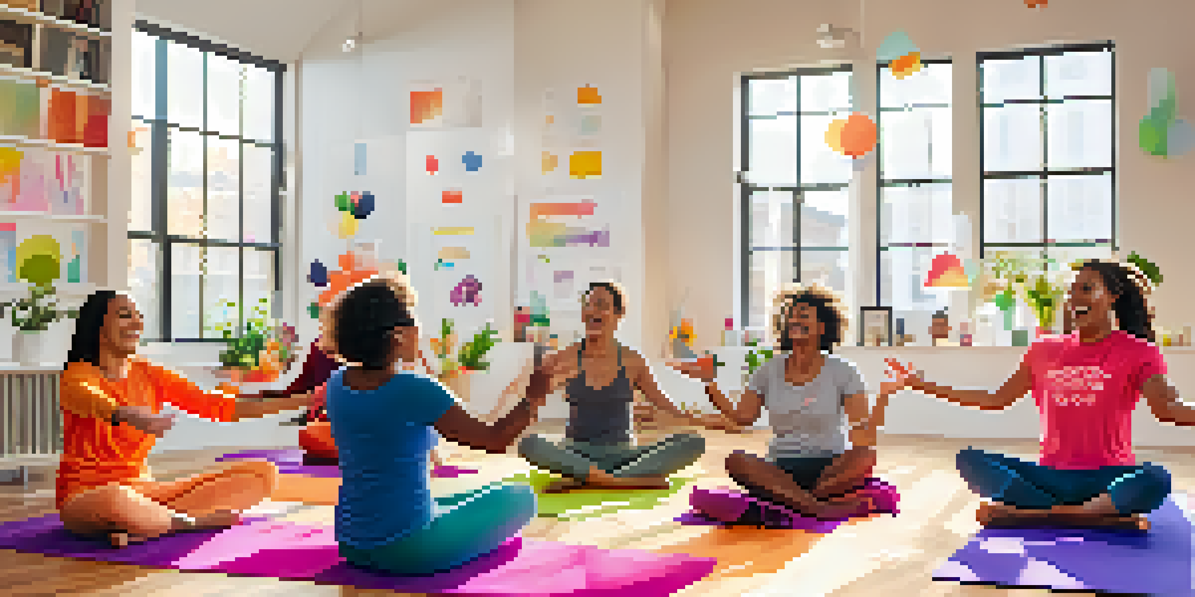 A diverse group of adults laughing together in a yoga studio, creating a joyful and engaging atmosphere.