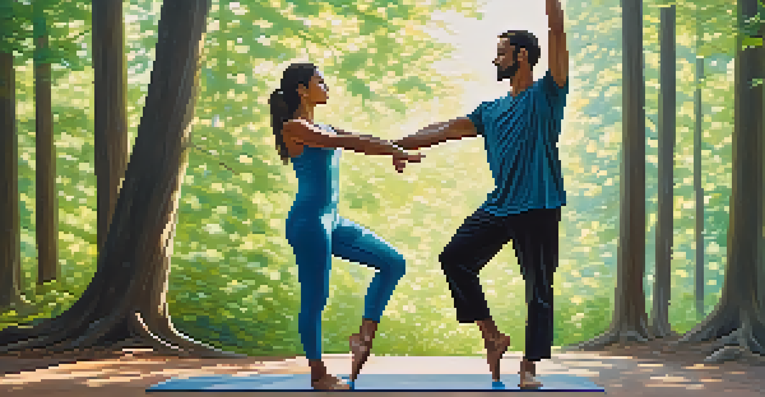 Two individuals practicing the Partner Tree Pose outdoors, standing side by side with one leg lifted, surrounded by green trees and a clear blue sky.