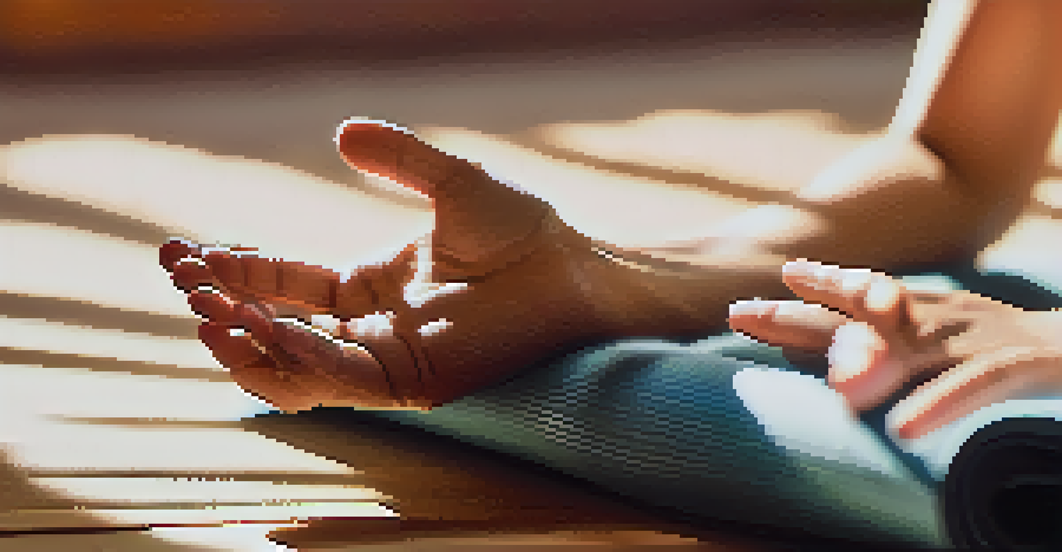 A close-up of a person's hand on their abdomen while meditating, with a yoga mat and water bottle in soft focus behind.