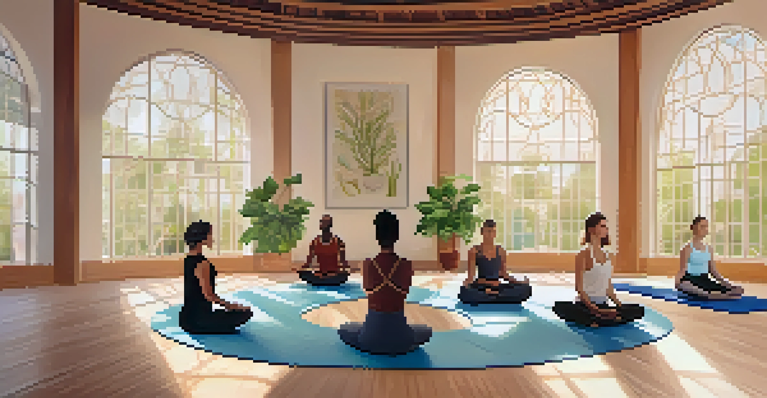 A diverse group of people practicing yoga in a well-lit studio with plants.