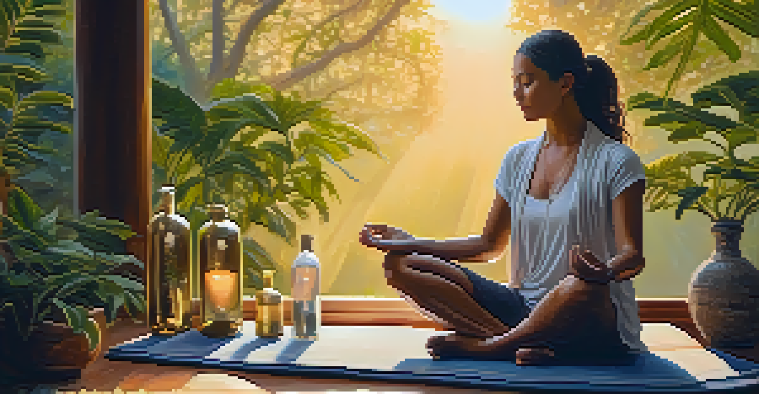 A person meditating on a yoga mat at sunset, surrounded by greenery and a bottle of frankincense oil.